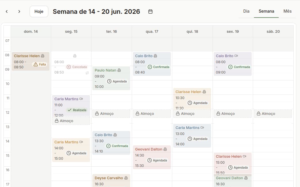 Agenda semanal do Hubrity com sessões e seus status de confirmação.