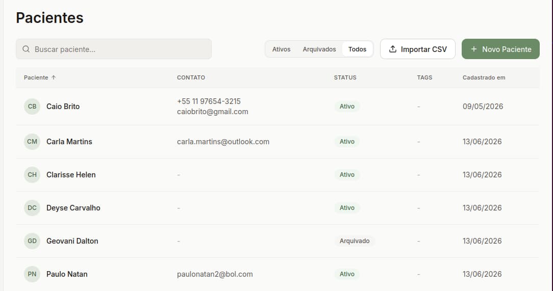 Lista de pacientes do Hubrity com filtros e tags de organização.